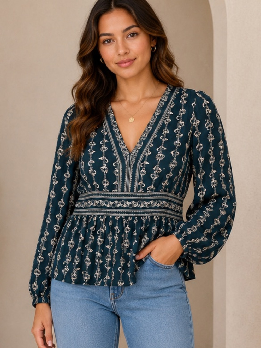 Max Studio V-Neck Printed Peplum Blouse in Dark Teal M